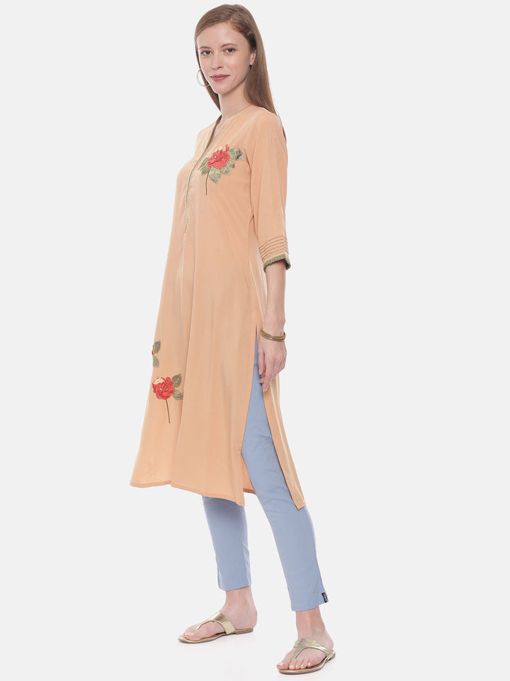 Neerus Orange rayon embroidered straight kurta - side view