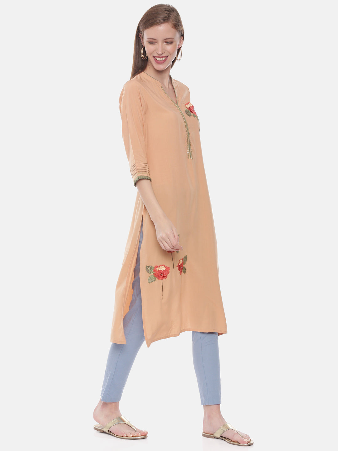 Neerus Orange rayon embroidered straight kurta - detail view 1