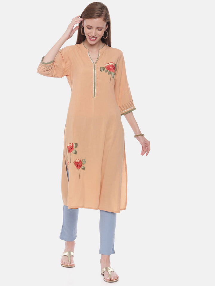 Neerus Orange rayon embroidered straight kurta - detail view 3