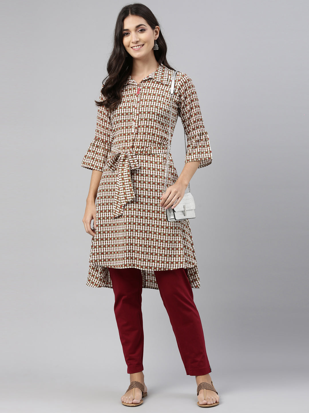 Neerus Beige rayon solid kurti - front view