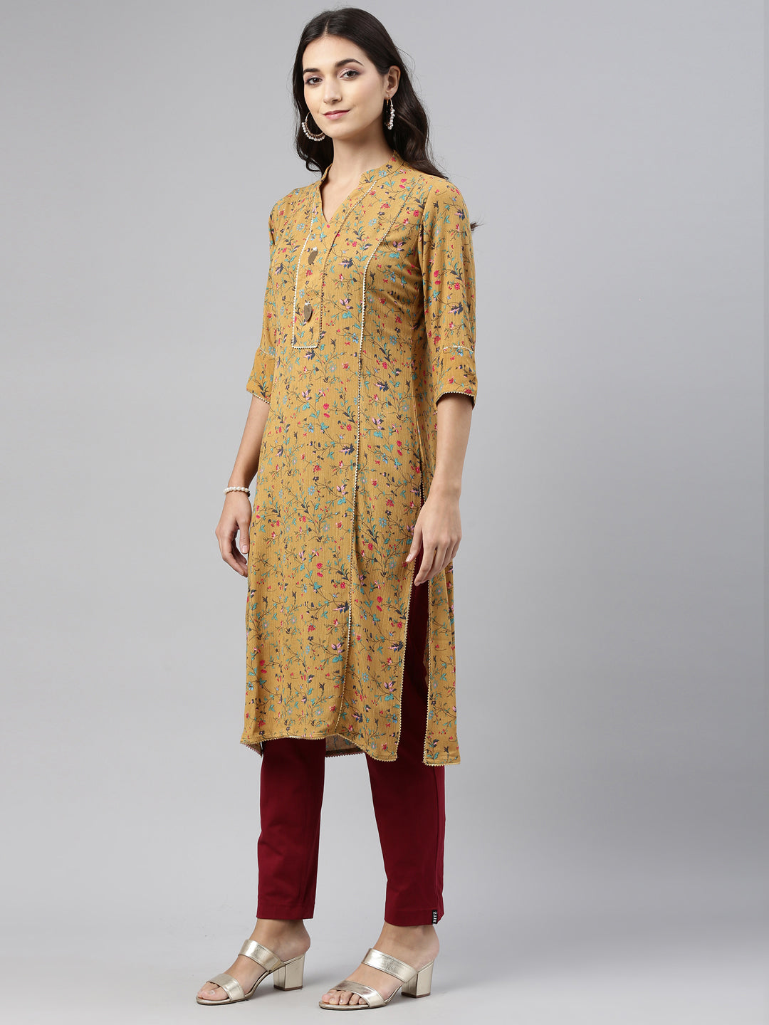 Neerus Yellow rayon solid kurti - detail view 2