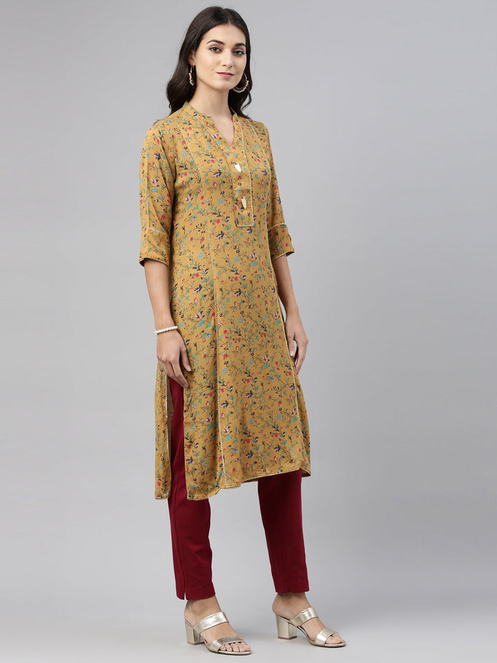 Neerus Yellow rayon solid kurti - detail view 3