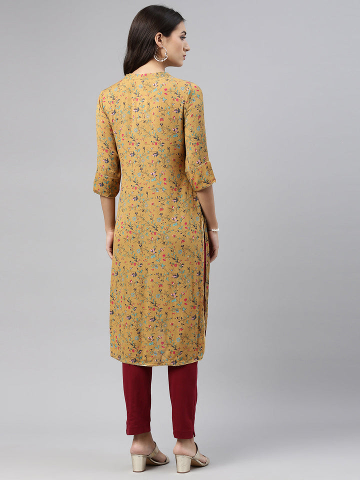 Neerus Yellow rayon solid kurti - detail view 4
