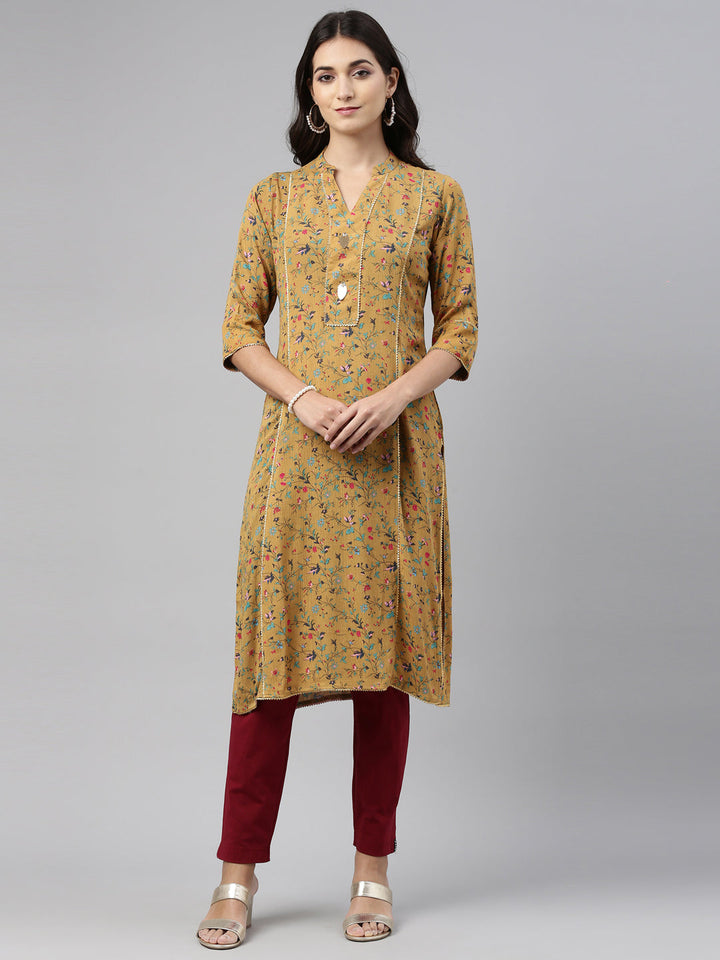Neerus Yellow rayon solid kurti - detail view 5