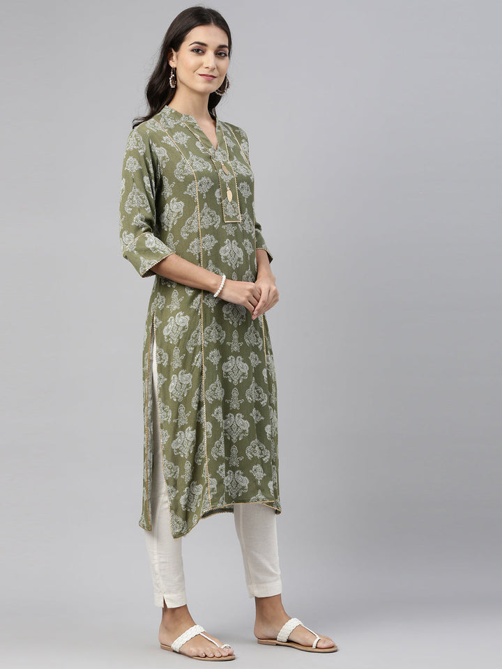 Neerus Green rayon straight kurti - detail view 3