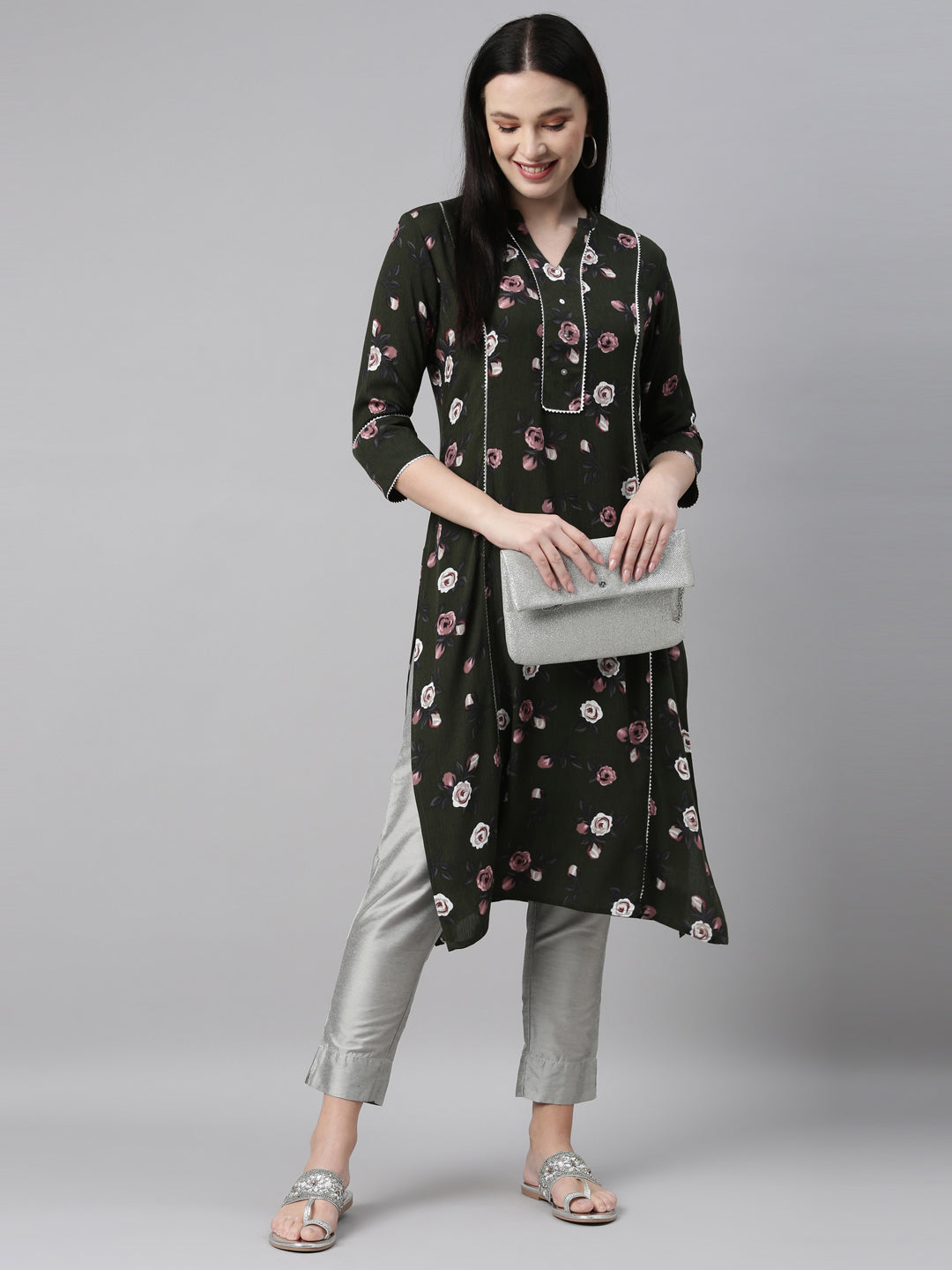 Neerus Green chiffon straight kurta - detail view 18