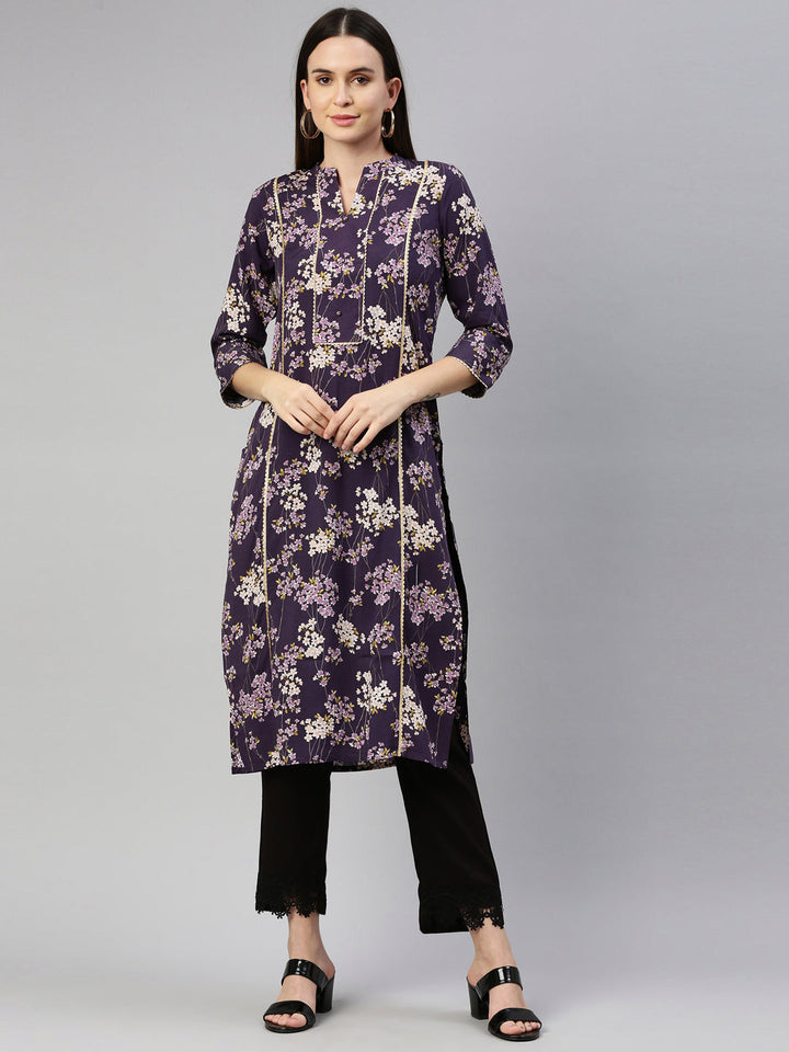 Neerus Purple rayon printed kurti - front view