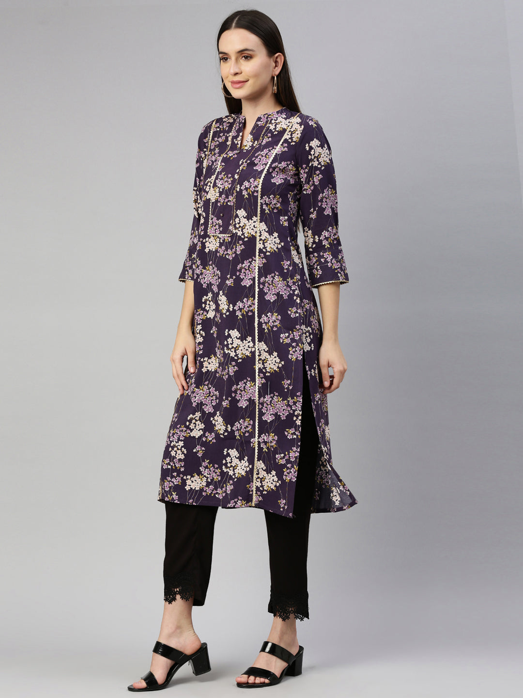 Neerus Purple rayon printed kurti - side view