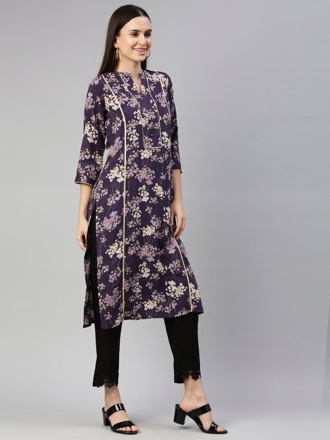 Neerus Purple rayon printed kurti - detail view 1