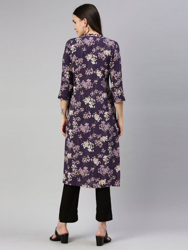 Neerus Purple rayon printed kurti - detail view 2