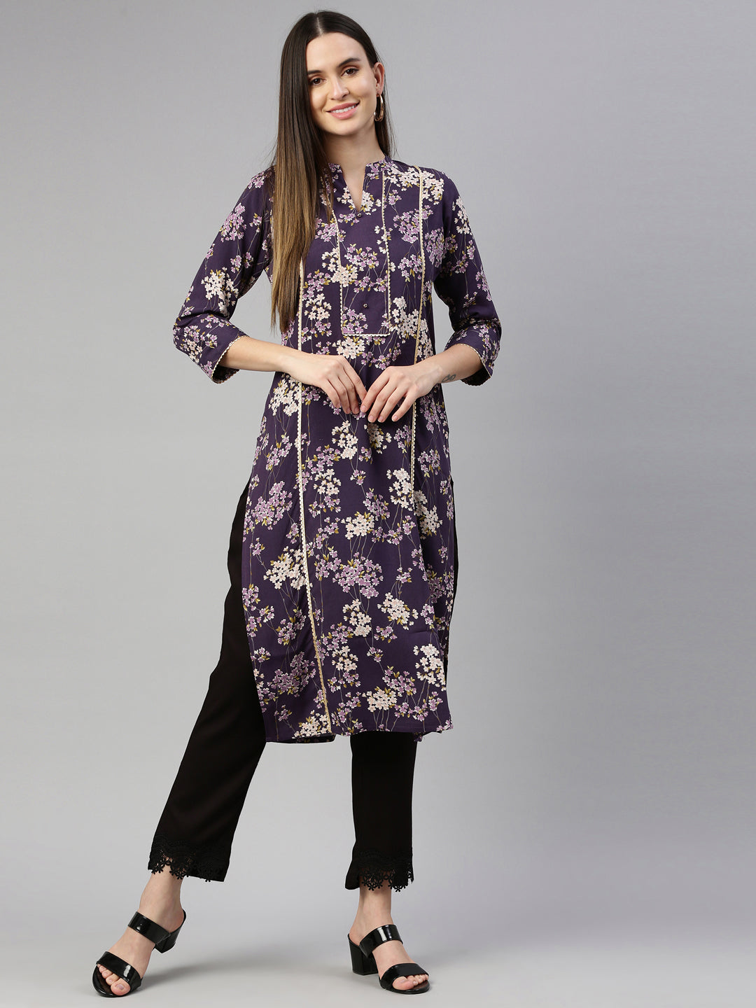 Neerus Purple rayon printed kurti - detail view 3