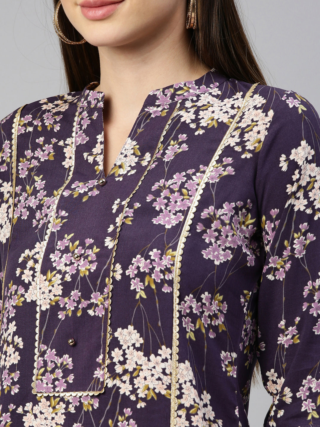 Neerus Purple rayon printed kurti - detail view 5