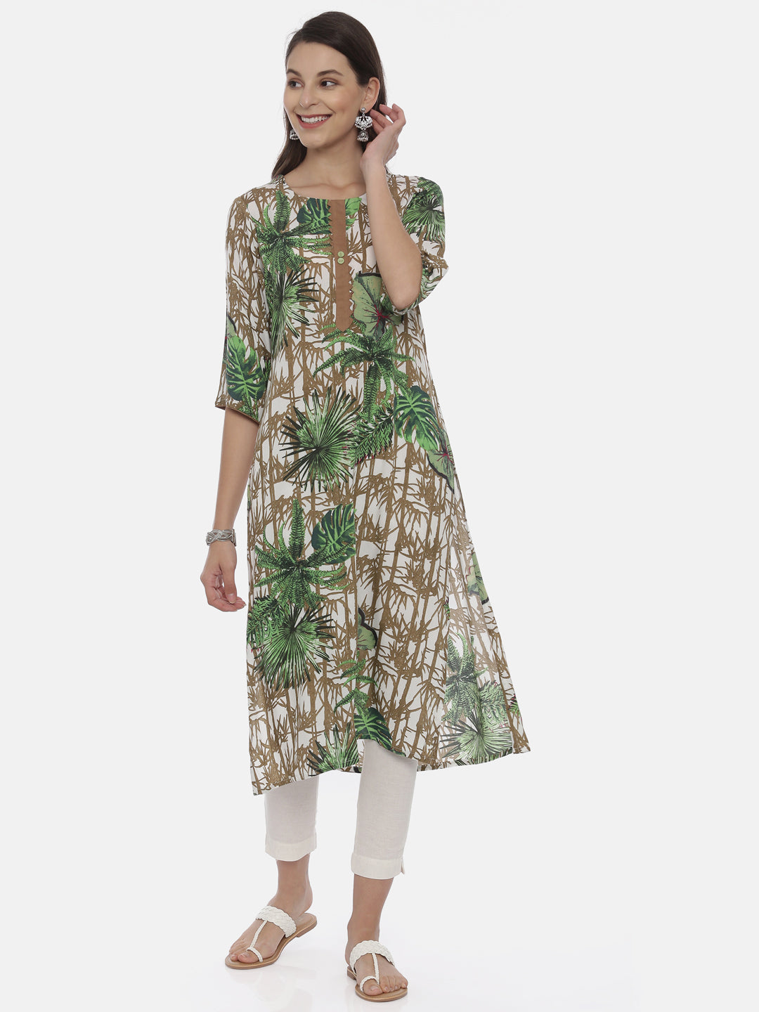 Neerus Green printed A-line kurta - front view