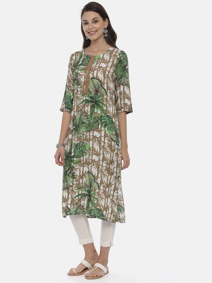 Neerus Green printed A-line kurta - side view