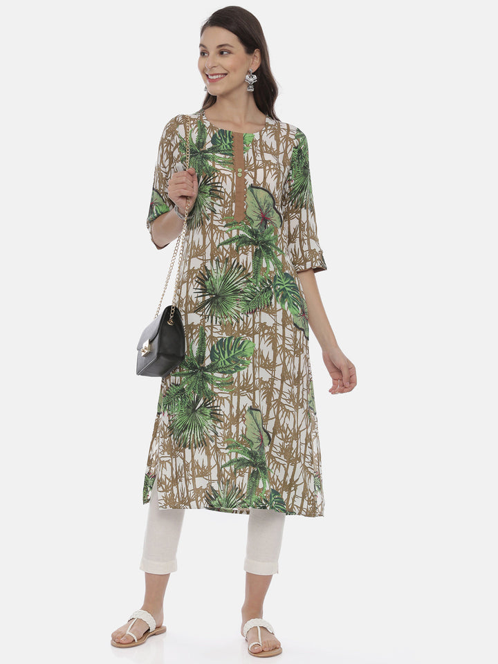 Neerus Green printed A-line kurta - detail view 3