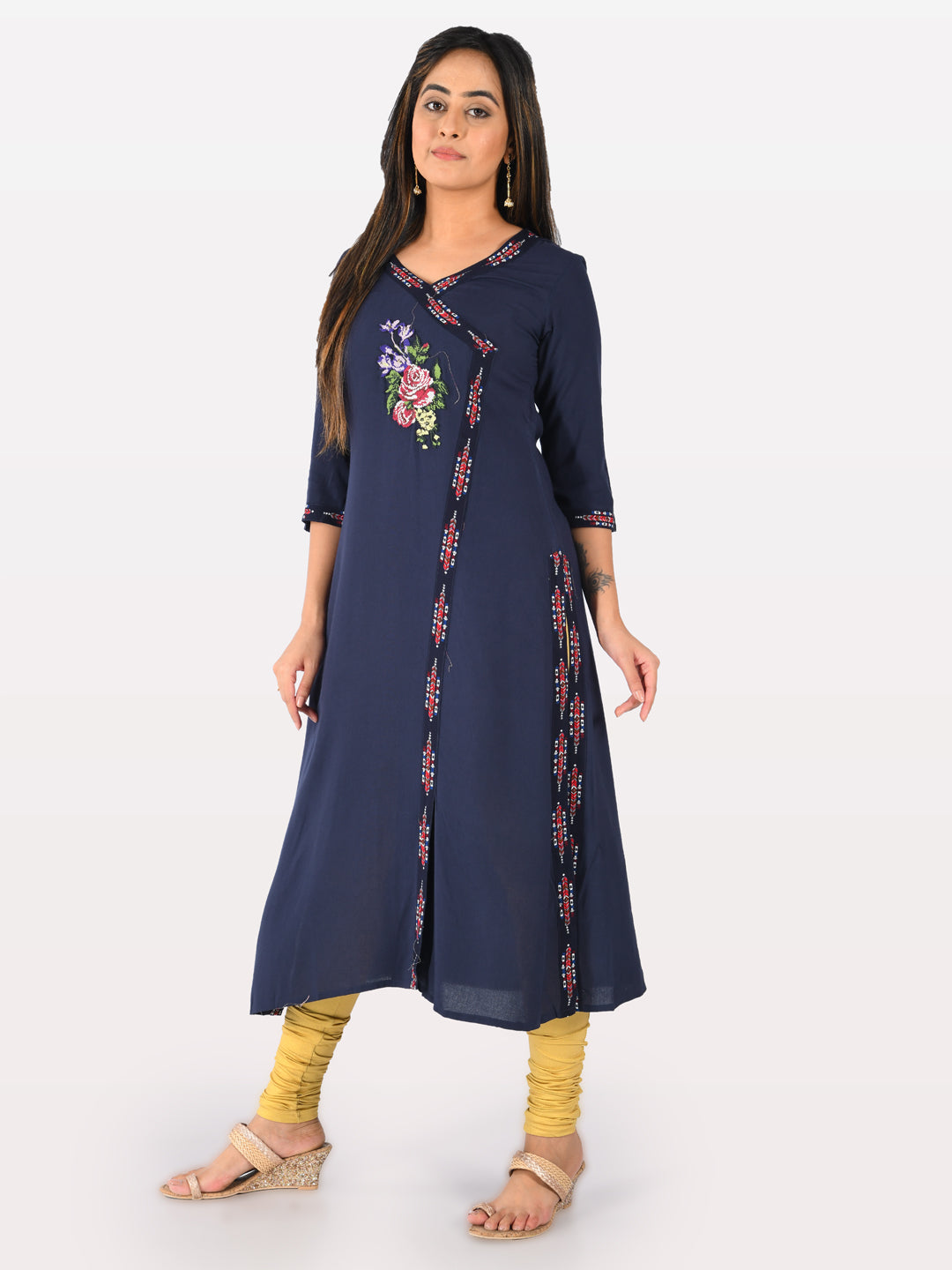 Neerus Blue rayon printed A-line kurta - detail view 2
