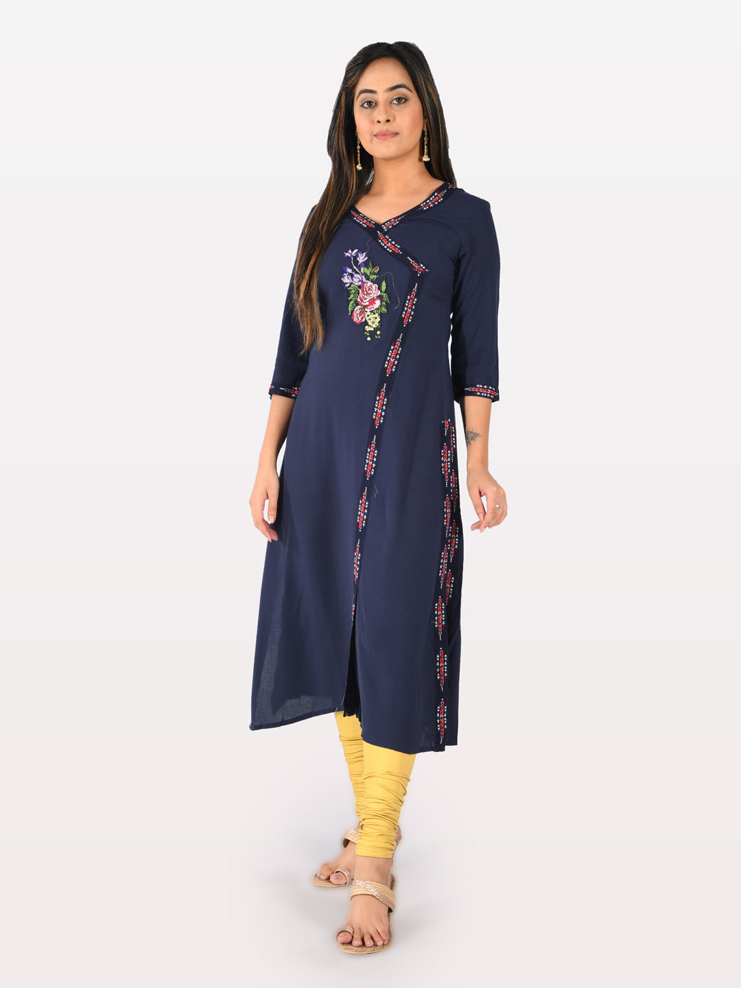 Neerus Blue rayon printed A-line kurta - front view