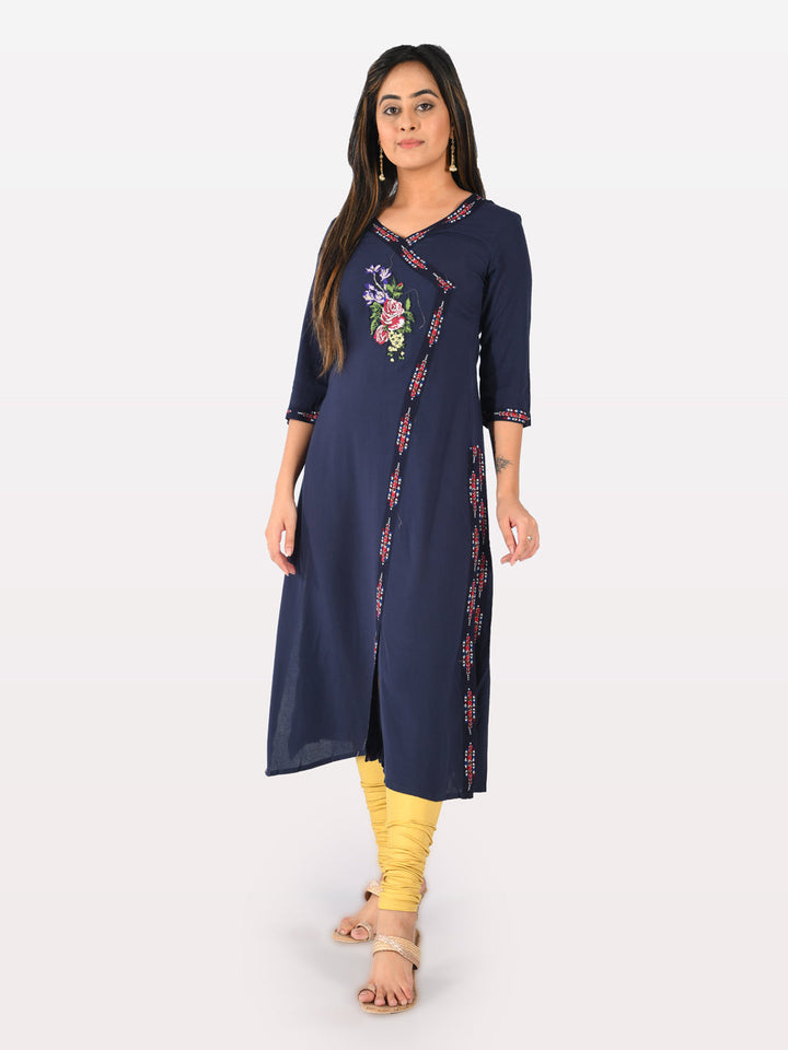 Neerus Blue rayon printed A-line kurta - front view