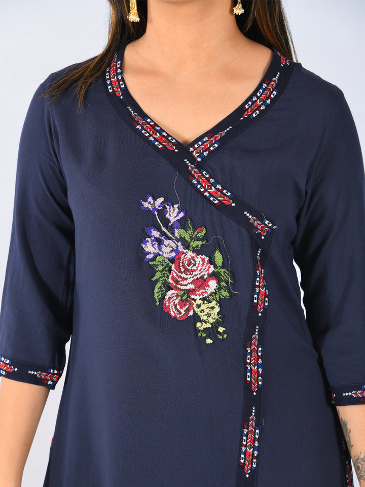 Neerus Blue rayon printed A-line kurta - back view