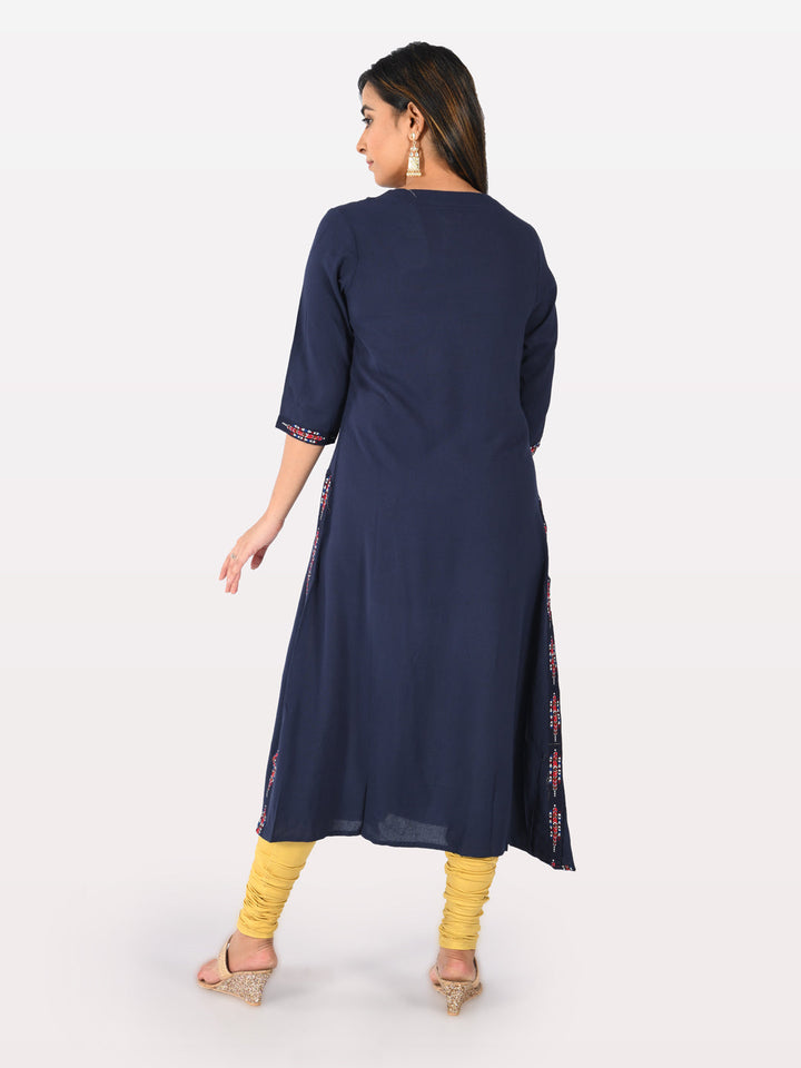 Neerus Blue rayon printed A-line kurta - side view
