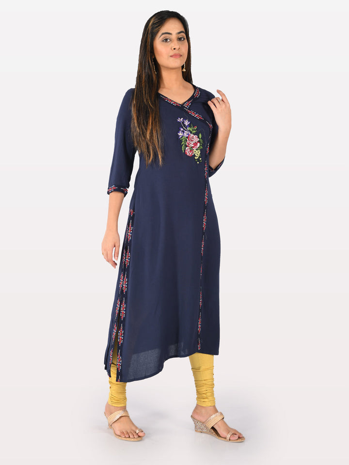 Neerus Blue rayon printed A-line kurta - detail view 1