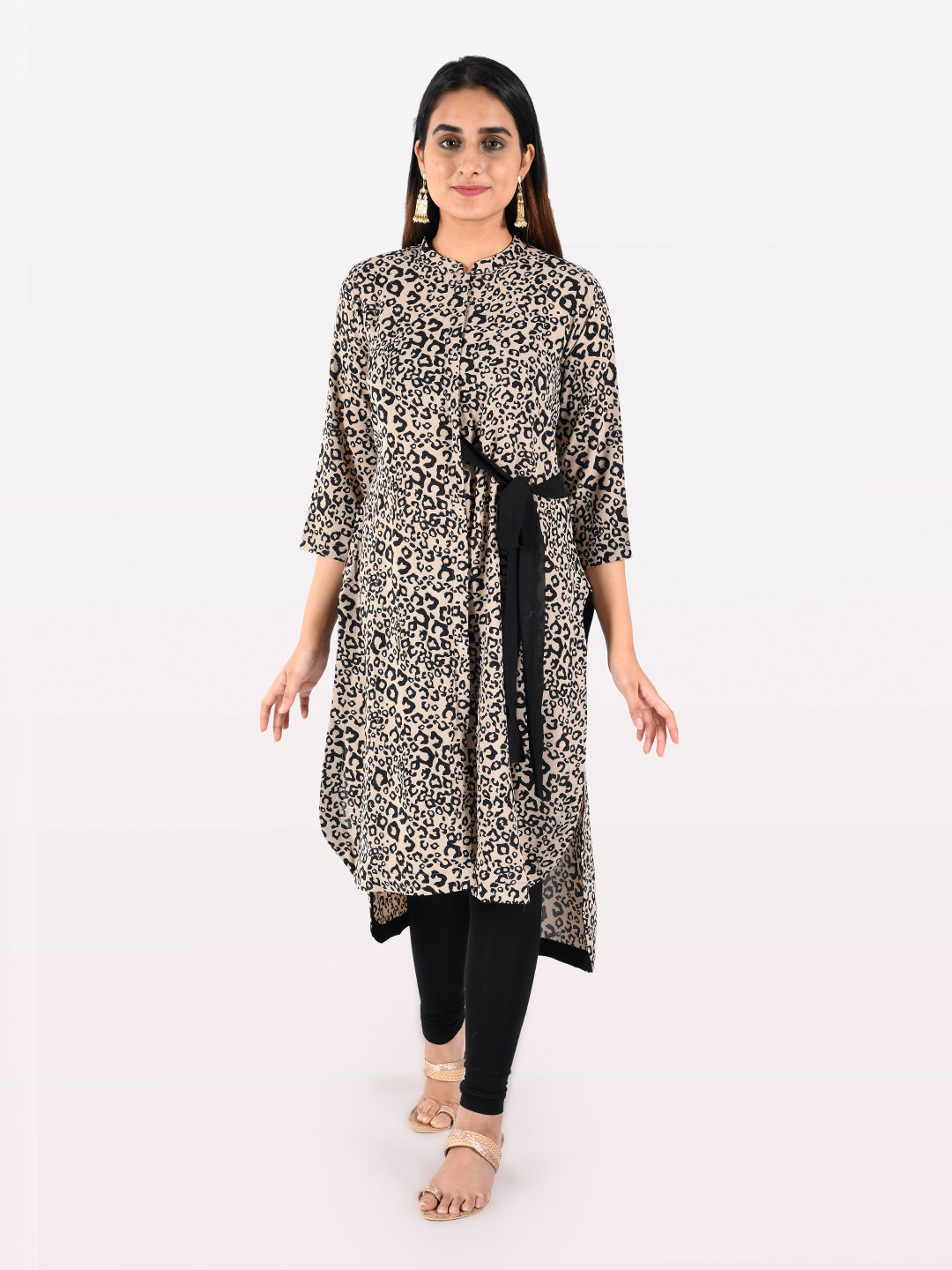 Neerus Beige georgette printed high-low kurta - front view