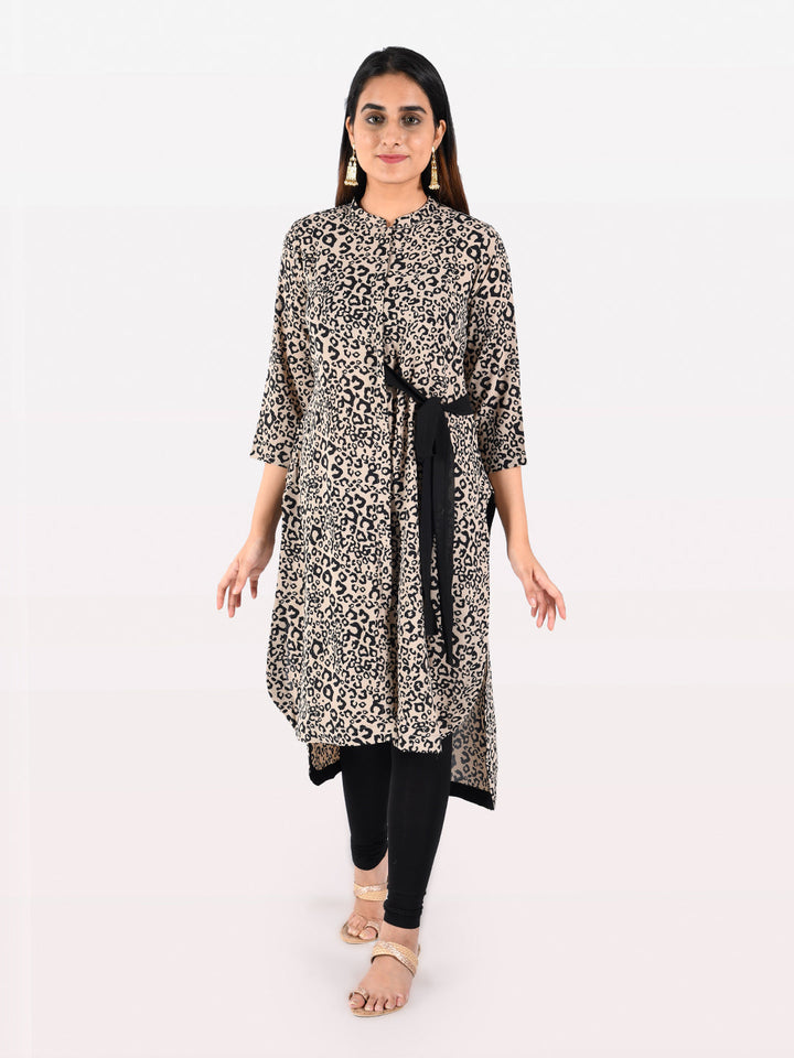 Neerus Beige georgette printed high-low kurta - front view