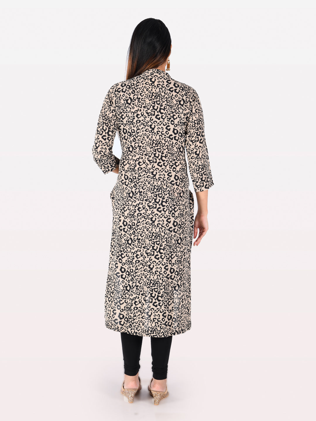 Neerus Beige georgette printed high-low kurta - back view