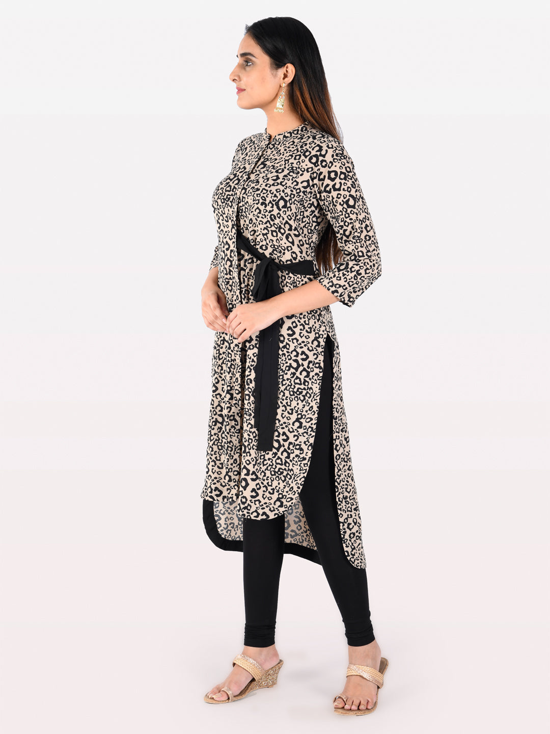 Neerus Beige georgette printed high-low kurta - detail view 2