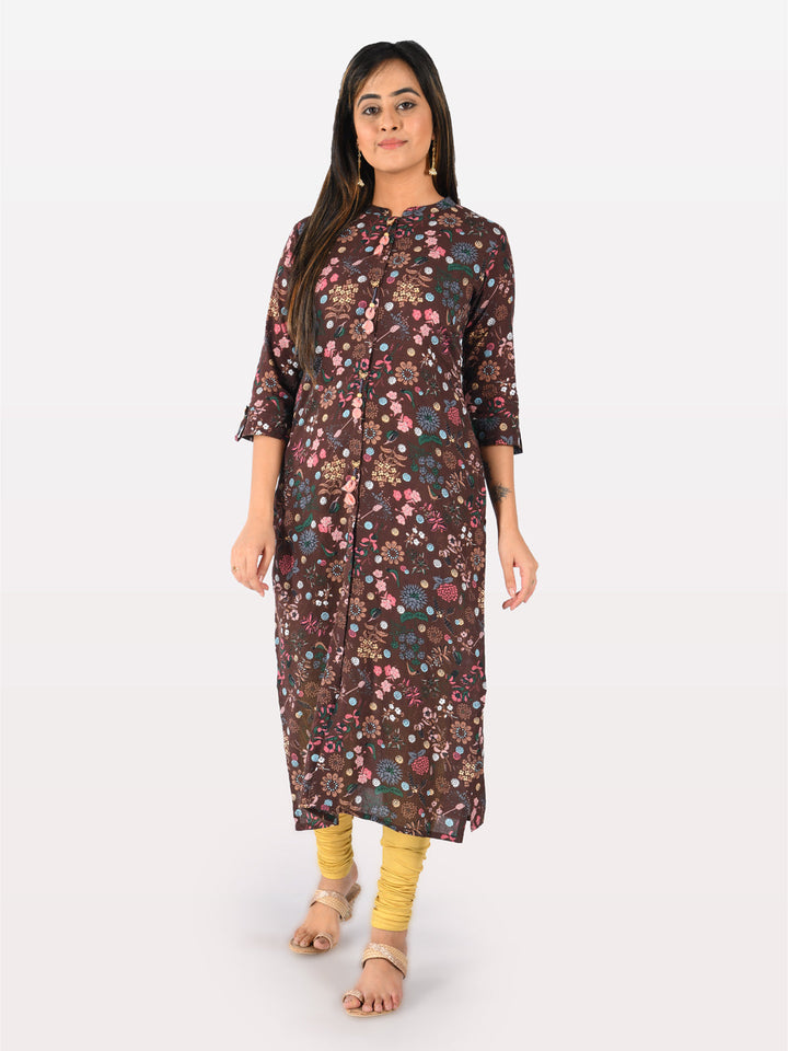 Neerus Brown cotton printed straight kurta - front view