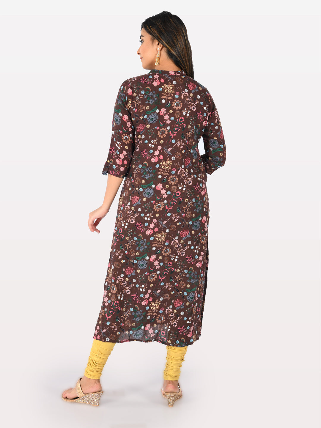 Neerus Brown cotton printed straight kurta - back view