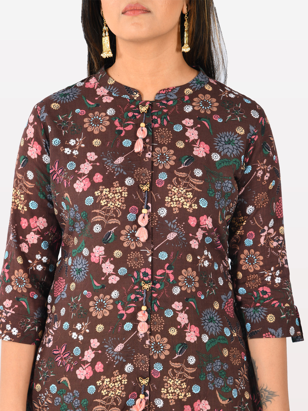 Neerus Brown cotton printed straight kurta - side view