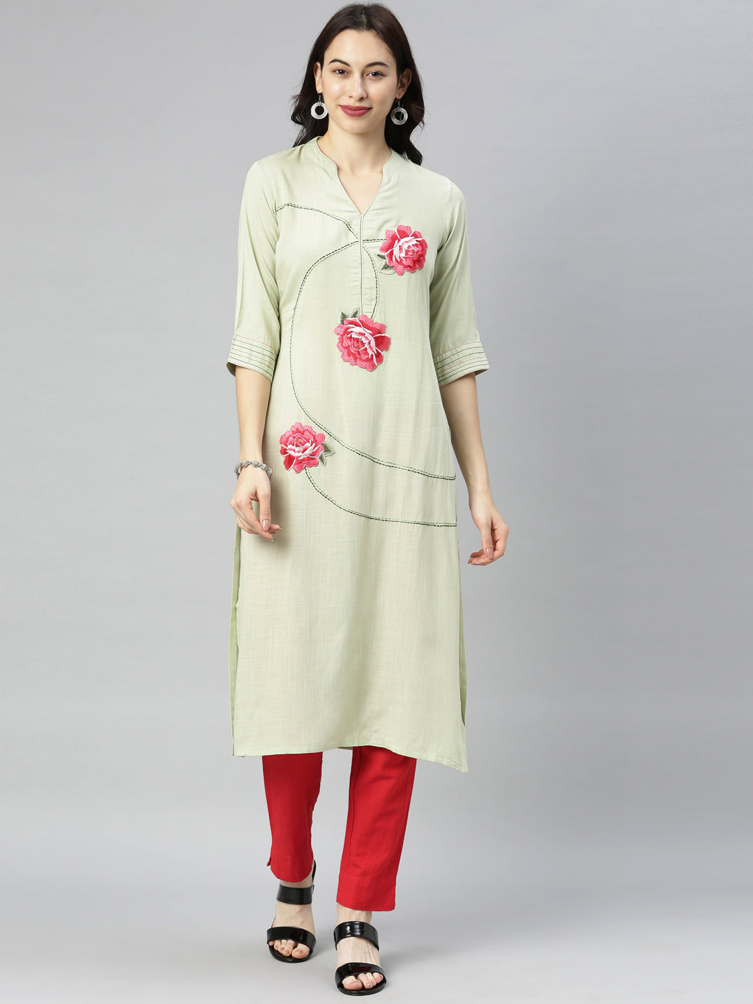Neerus Green Viscose Rayon Thread Embroidered Kurti - front view