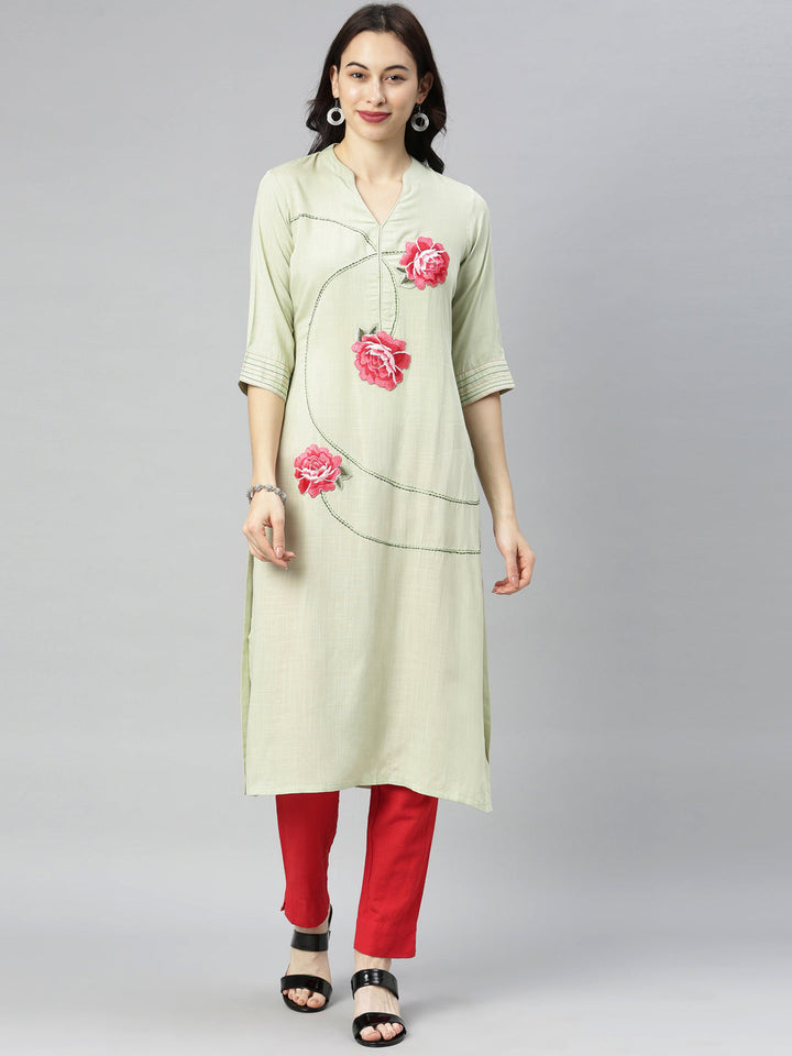 Neerus Green Viscose Rayon Thread Embroidered Kurti - front view