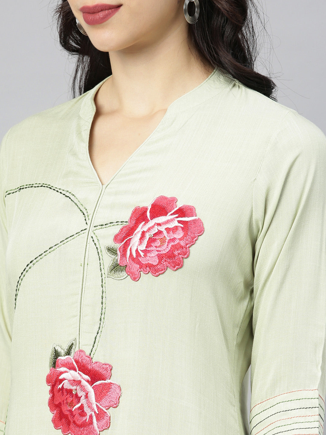 Neerus Green Viscose Rayon Thread Embroidered Kurti - back view