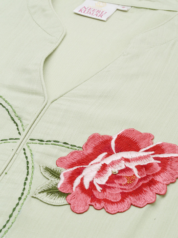 Neerus Green Viscose Rayon Thread Embroidered Kurti - side view