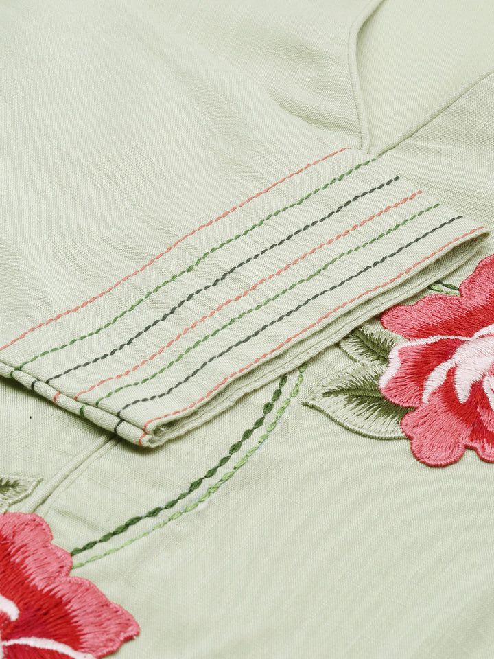Neerus Green Viscose Rayon Thread Embroidered Kurti - detail view 1
