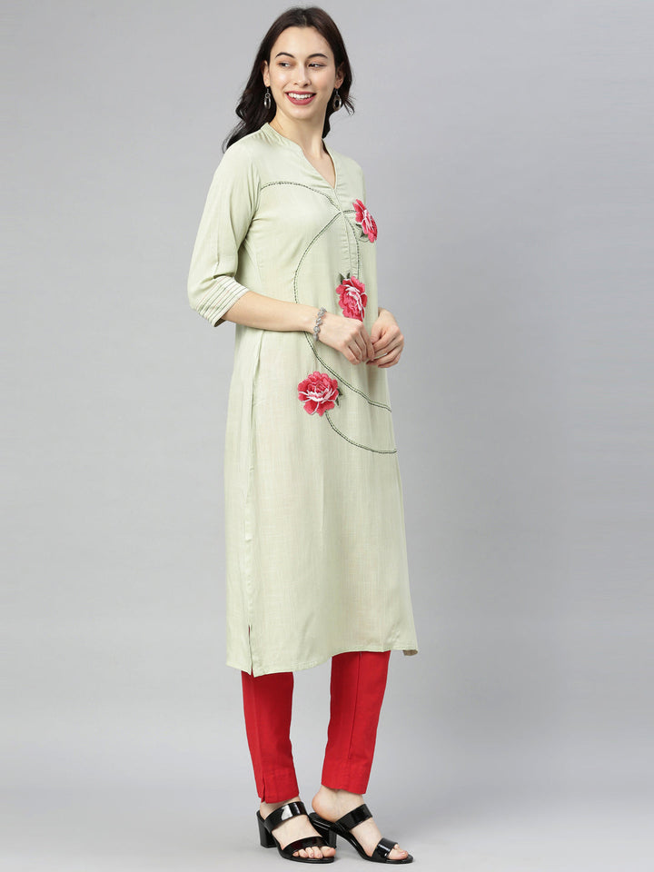 Neerus Green Viscose Rayon Thread Embroidered Kurti - detail view 3