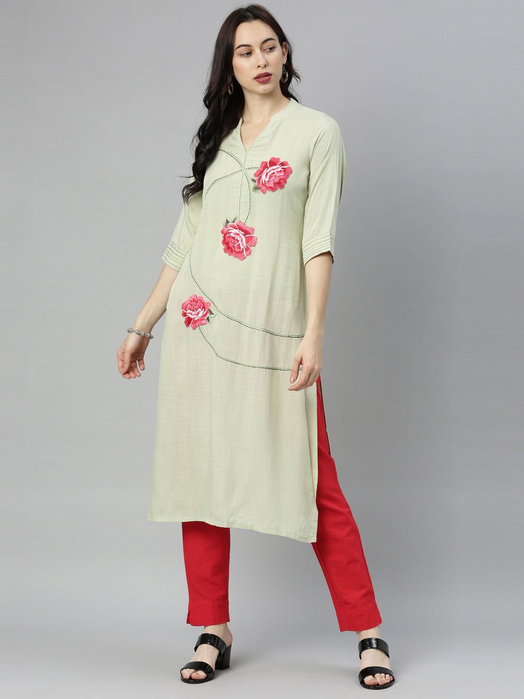 Neerus Green Viscose Rayon Thread Embroidered Kurti - detail view 5