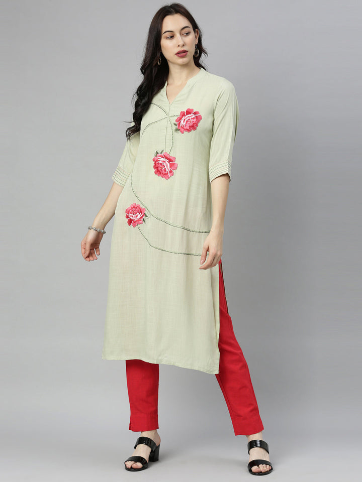 Neerus Green Viscose Rayon Thread Embroidered Kurti - detail view 5