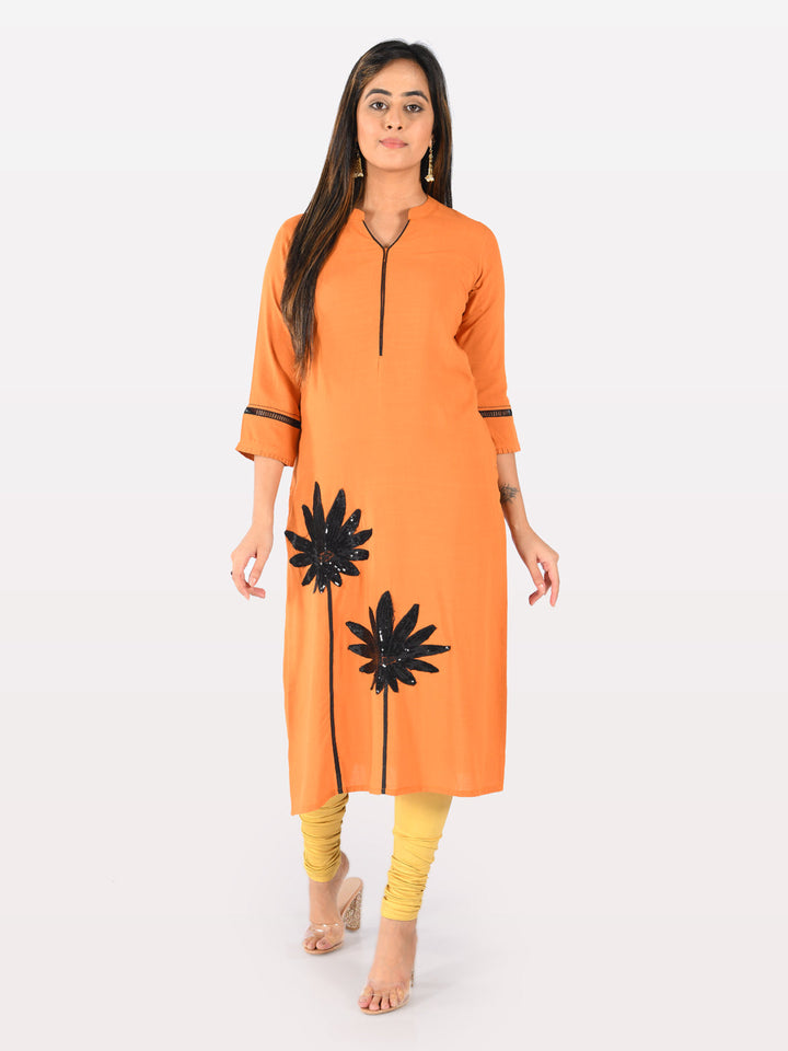 Neerus Orange rayon embellished straight kurta - front view