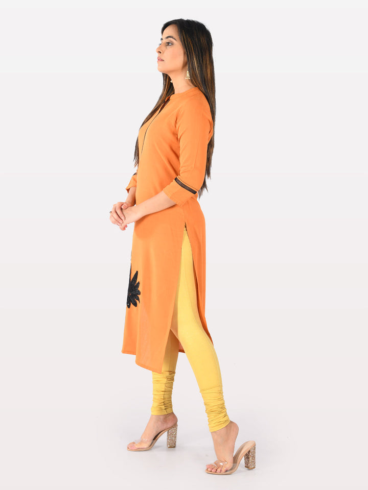 Neerus Orange rayon embellished straight kurta - back view