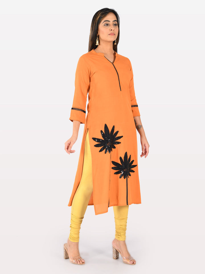 Neerus Orange rayon embellished straight kurta - side view