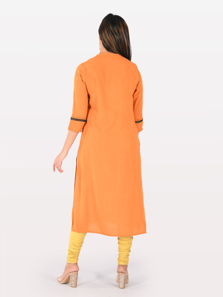 Neerus Orange rayon embellished straight kurta - detail view 1