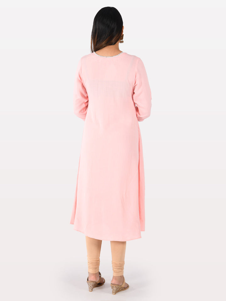 Neerus Pink rayon embroidered A-line kurta - back view