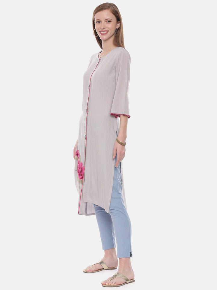 Neerus Grey rayon embroidered straight kurta - side view