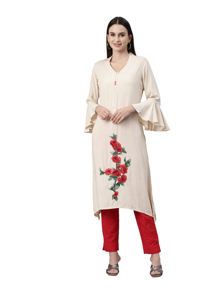 Neerus Beige floral printed straight kurti - front view
