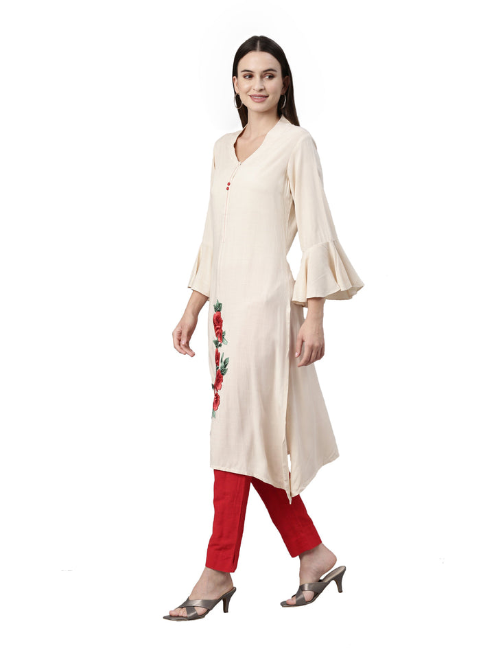 Neerus Beige floral printed straight kurti - side view