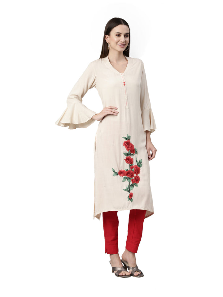 Neerus Beige floral printed straight kurti - detail view 1