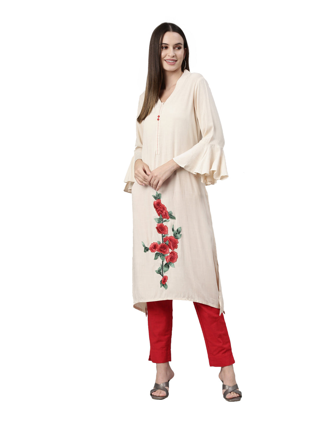 Neerus Beige floral printed straight kurti - detail view 3